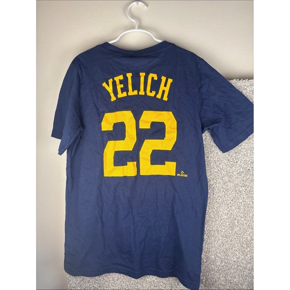 Nike‎ Navy and Gold Brewers Tee Christian Yelich 22 kids medium 10/12 NWT